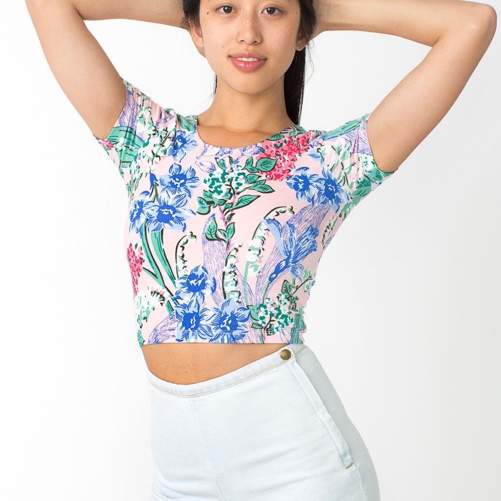 American Apparel “Floral On Pink” Print Cotton Spandex Jersey Crop Tee